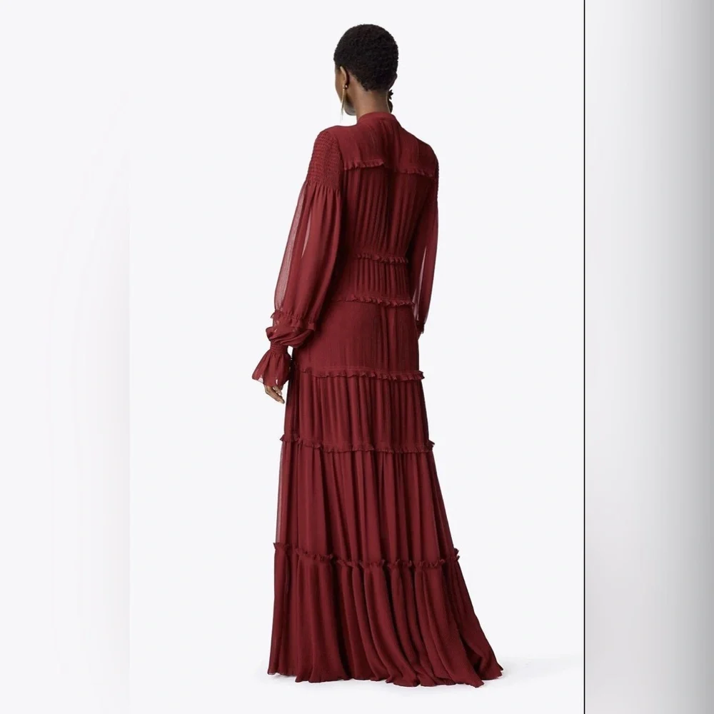 NWT $798 Tory Burch Stella Gown Red Burgundy Boho Pleated Chiffon Maxi Dress